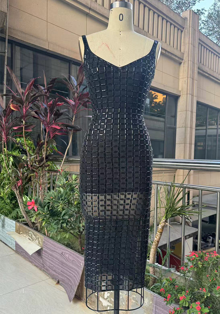 Sexy Rhinestone Bead V-Neck Low Back Bodycon Night Club Dress
