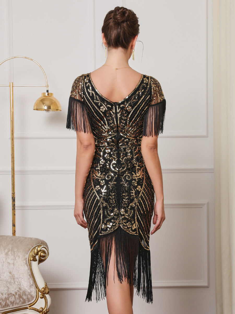 Women Retro Short Sleeve Tassel Sequin Party Sexy Beaded Mesh Dress 8