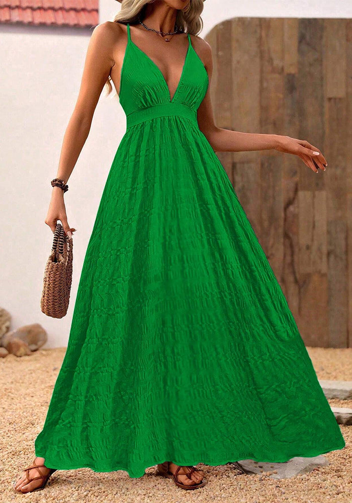 Summer Women's V-Neck Strap Low Back Sexy Beach Long Dress