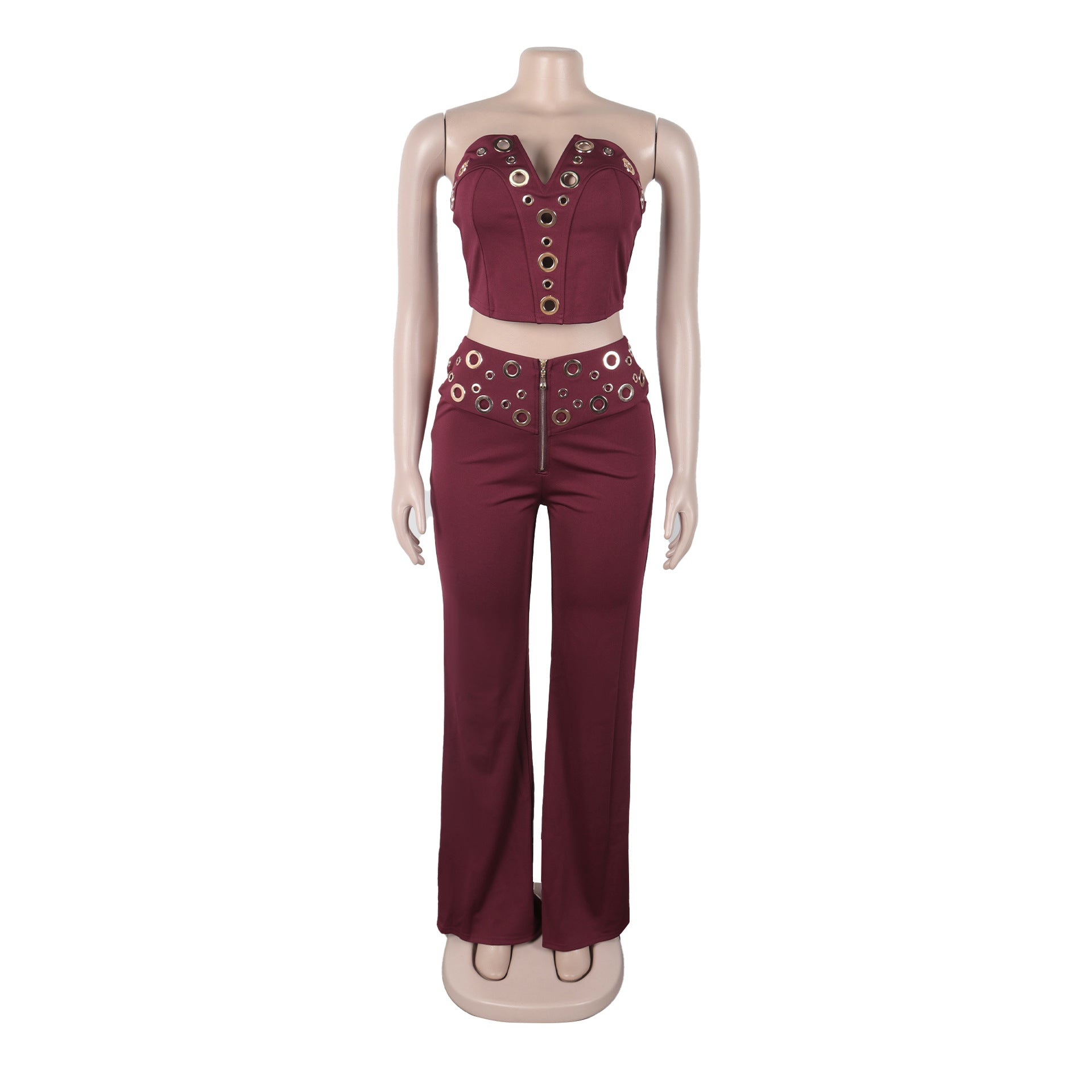 Women elegant elastic metal buckle decorated V-neck Top and Pants two-piece set 24