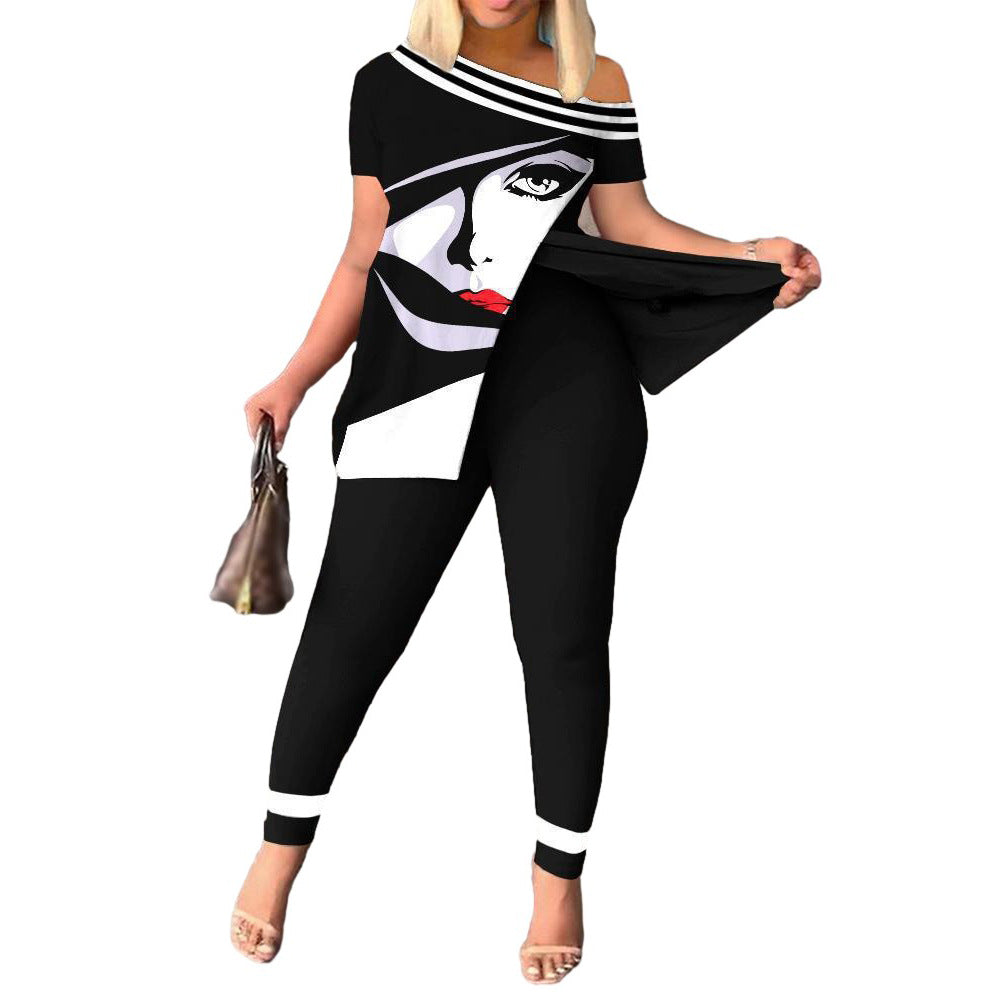 Women's Casual Fashion Graphic Print Slit Short Sleeve Top Pants Two Piece Set 5