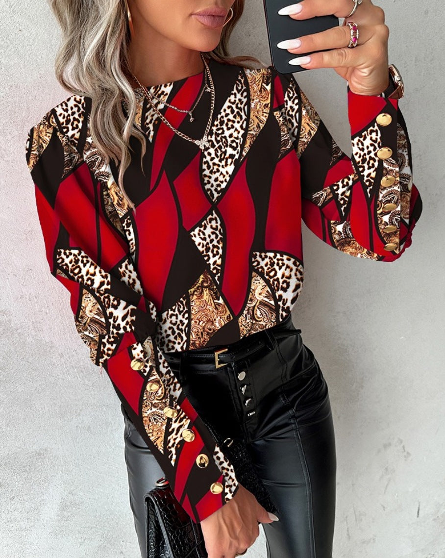 Spring Fashion Printed Long Sleeve Round Neck Button Shirt For Women 9