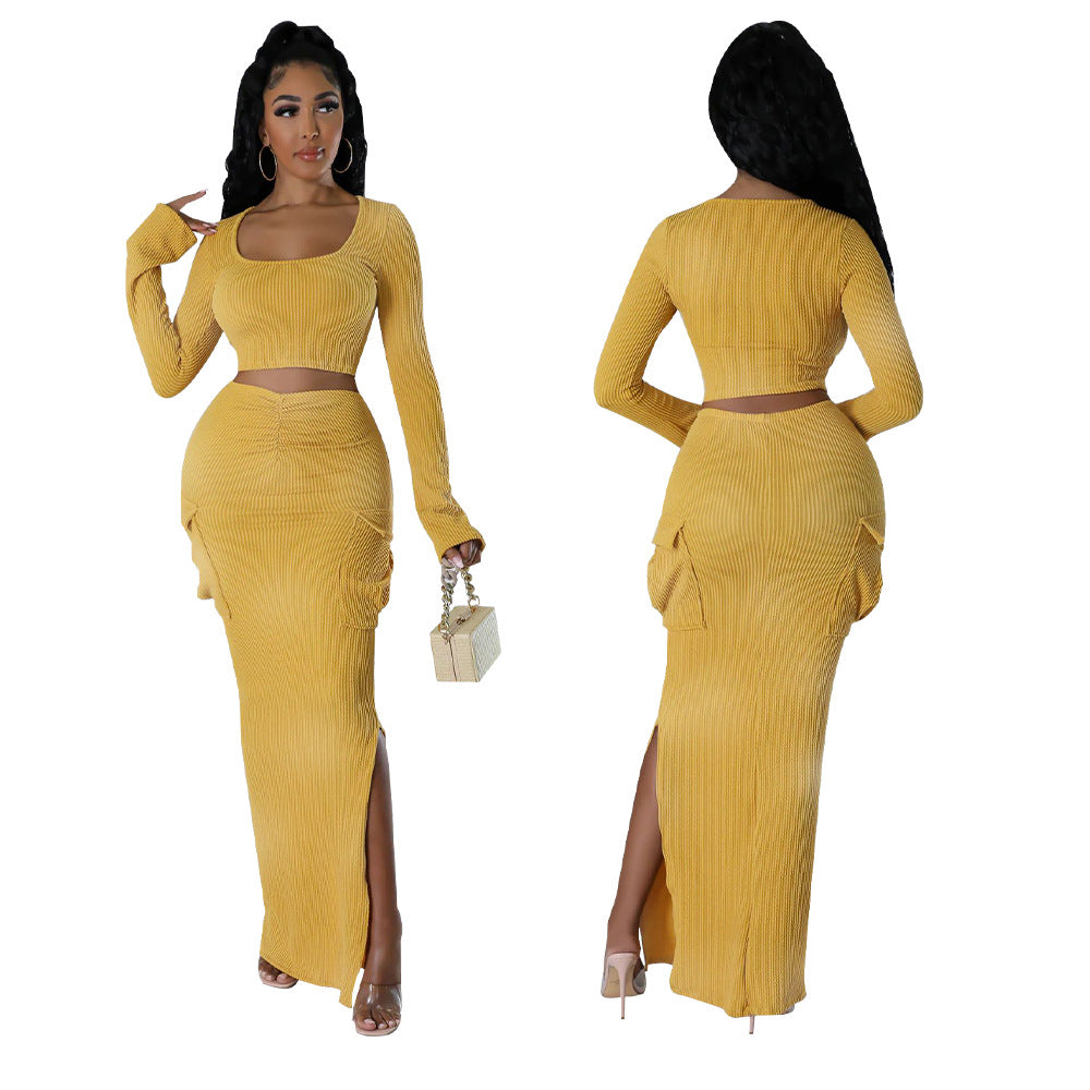 Fashionable Women's Ribbed Printed Long Sleeve Side Pockets Slit Two Piece Skirt Set 3