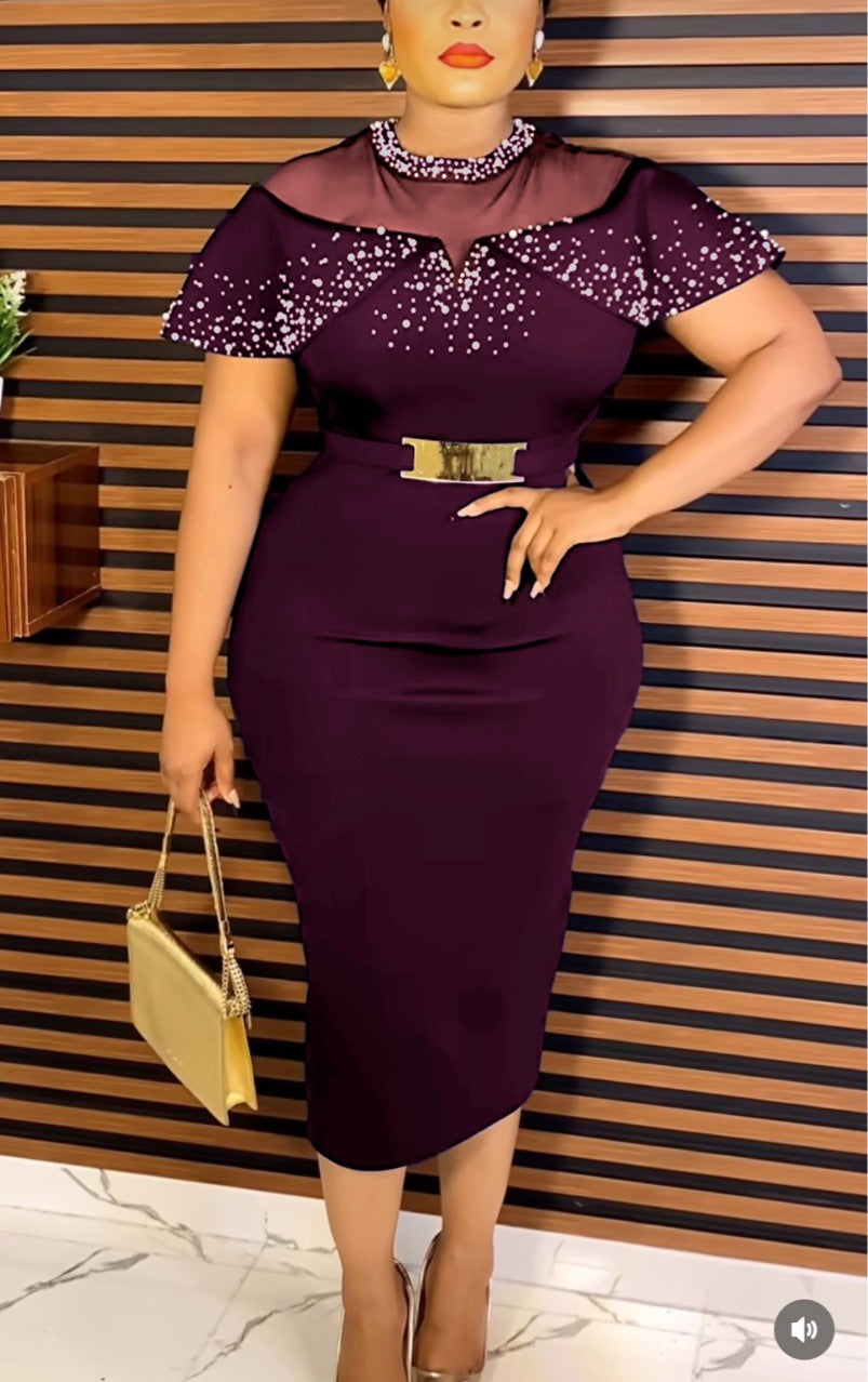 Beaded Mesh Patchwork Short Sleeve Elegant Slim Party Dress 3