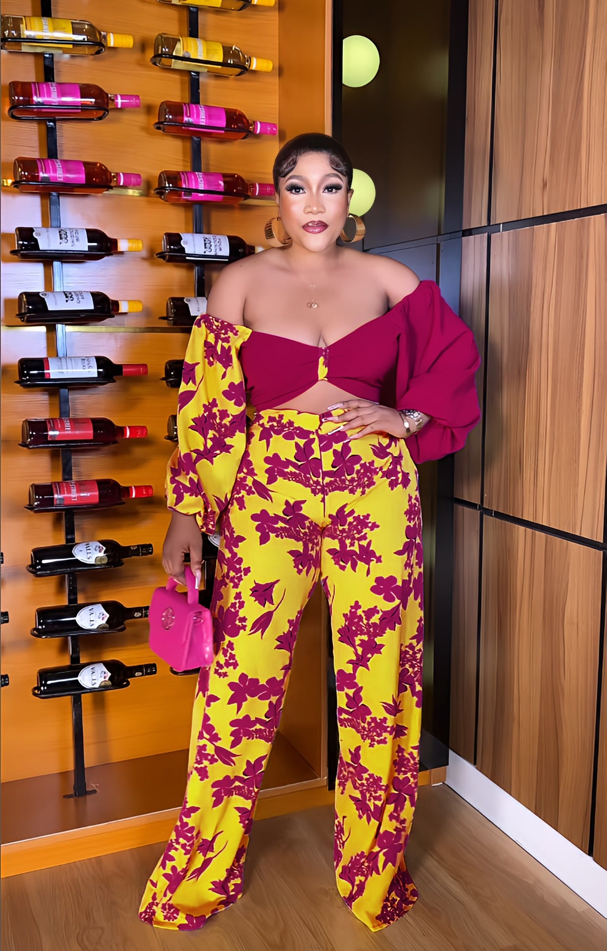 Patchwork Off Shoulder Long Sleeve Fashion High Waist Print Hollow Out Casual Jumpsuit 4