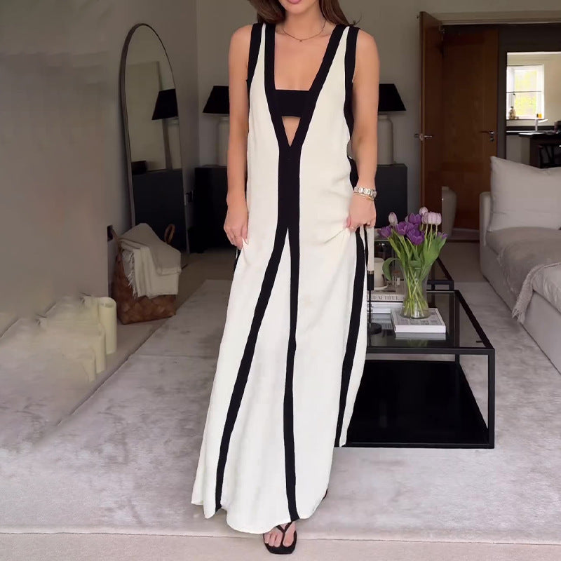 Summer Fashion Contrast Color Sleeveless V-Neck Sexy Strap Maxi Dress 3