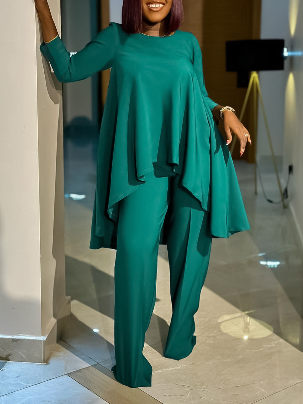 Plus Size Women Long Sleeve Top and Wide Leg Pants Set 16