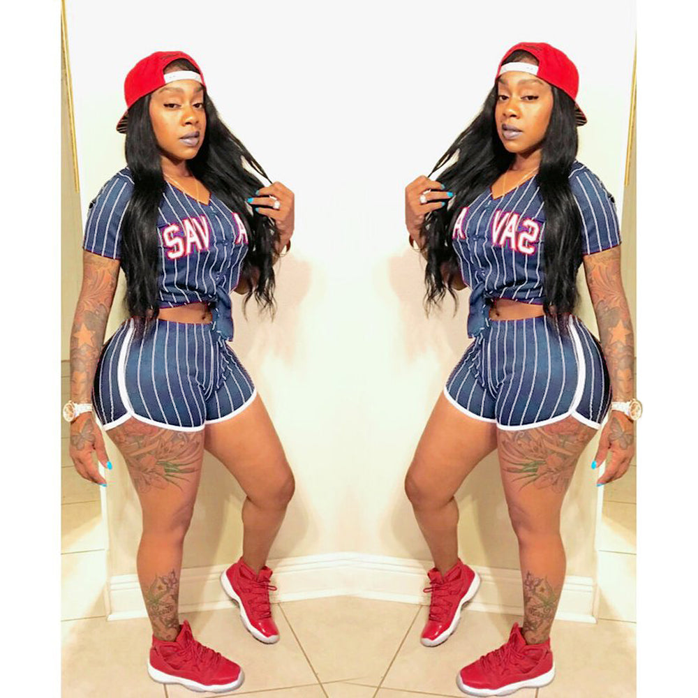 Women Sexy Women Striped Letter Baseball Top and Skirt Two-piece Set 6