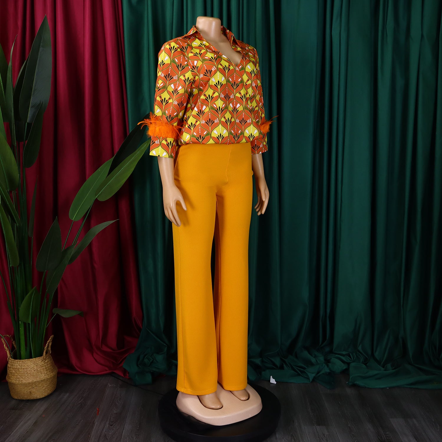 Women's Print Shirt Wide Leg Pants African Two-Piece Set 12