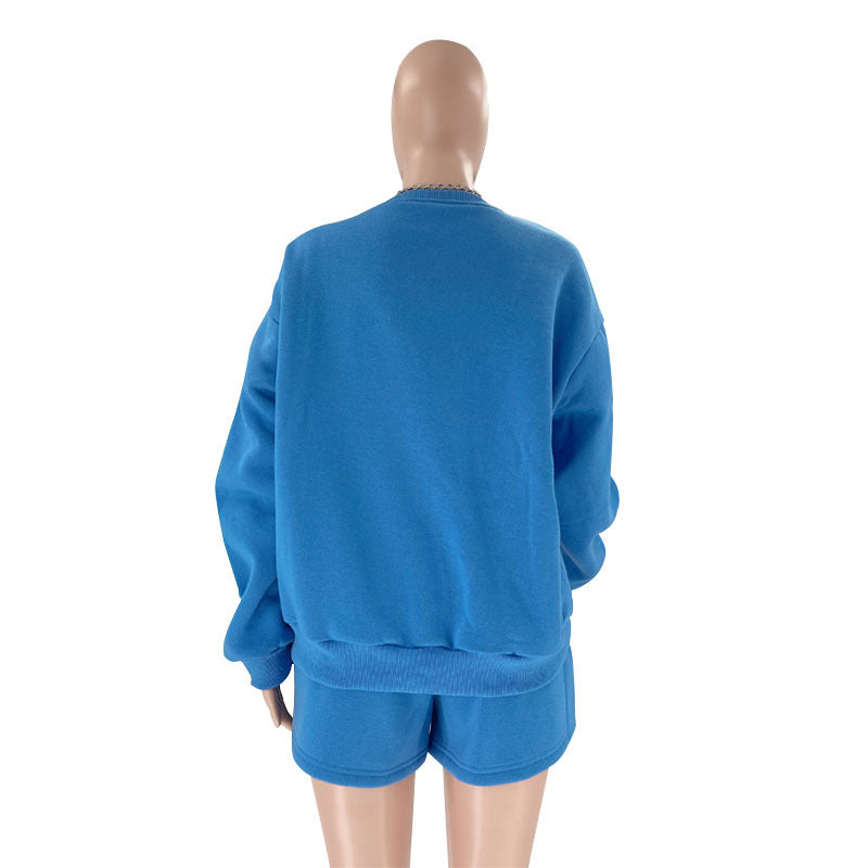 Fall Winter Solid Color Round Neck Pullover Long Sleeve Hoodies Women's Fashion Casual Shorts Two Piece Set 42