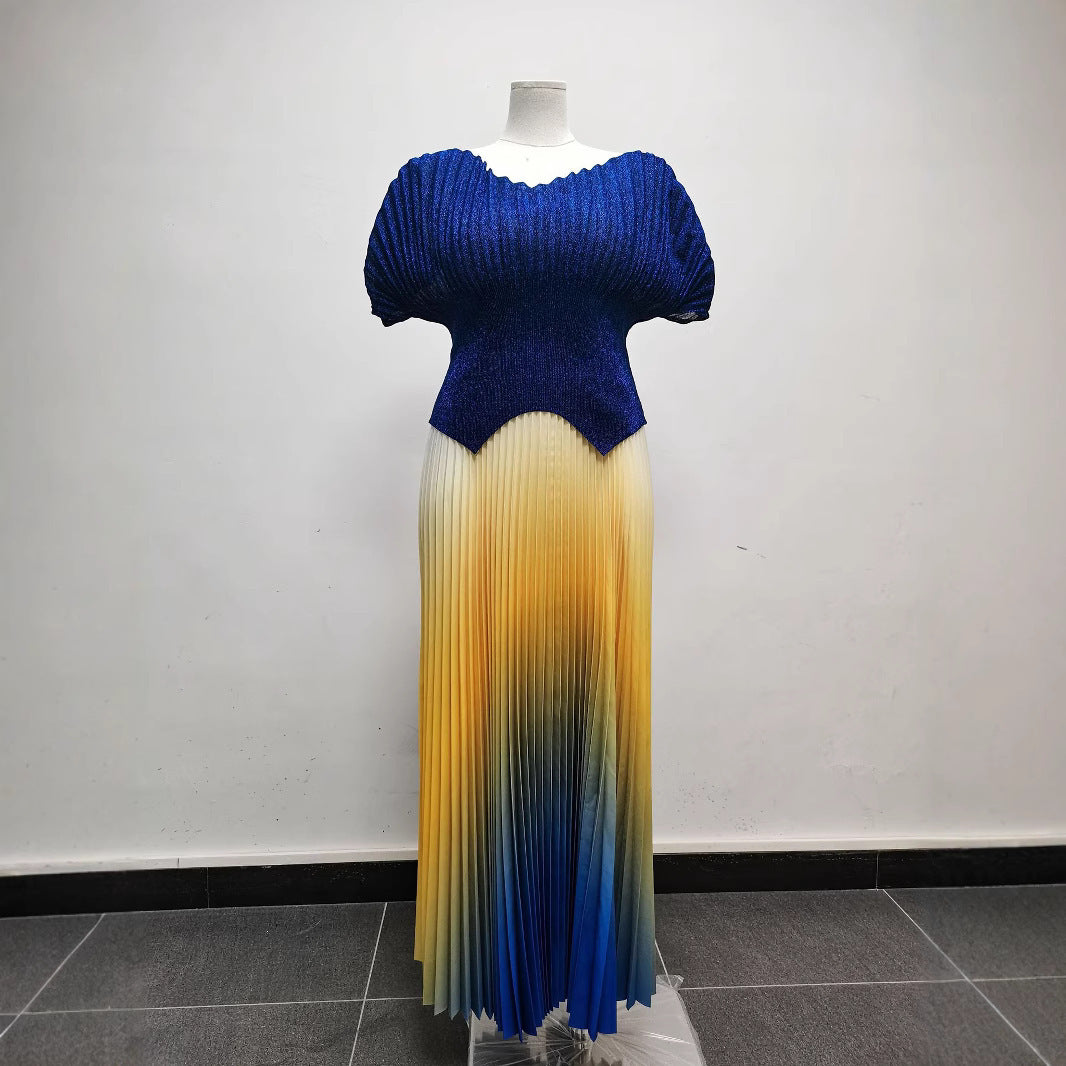 Women pleated v-neck sexy Shiny Top and gradient elegant Skirt two-piece set 11