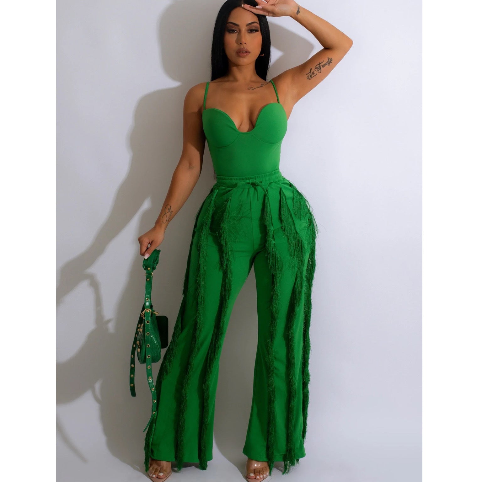 Women's Solid Color Straps Top Tassel Pants Two-Piece Set 3