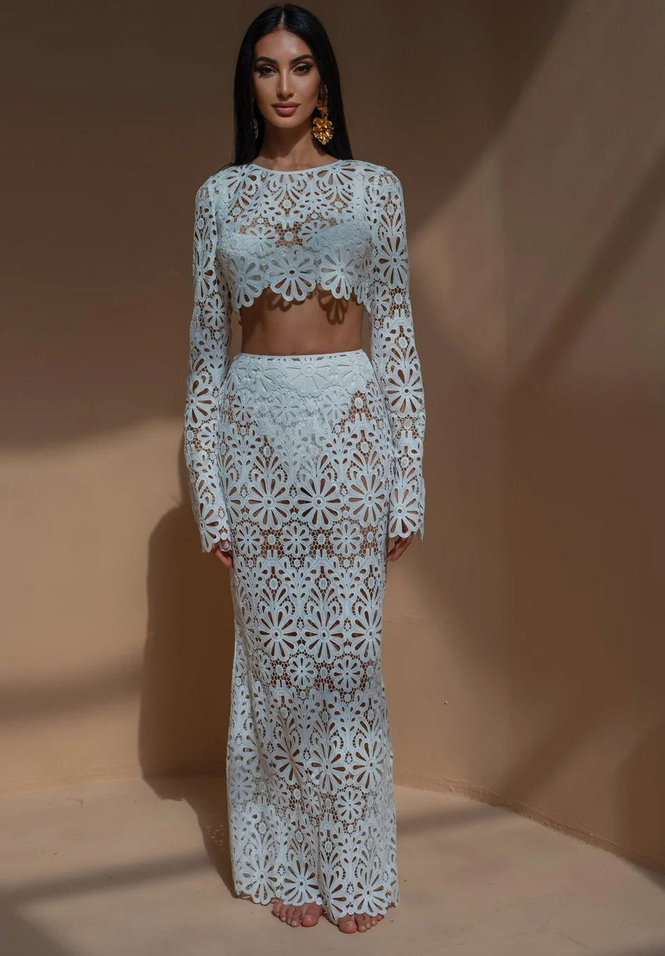 Women Beach Hollow Lace Top Skirt Two-piece Set