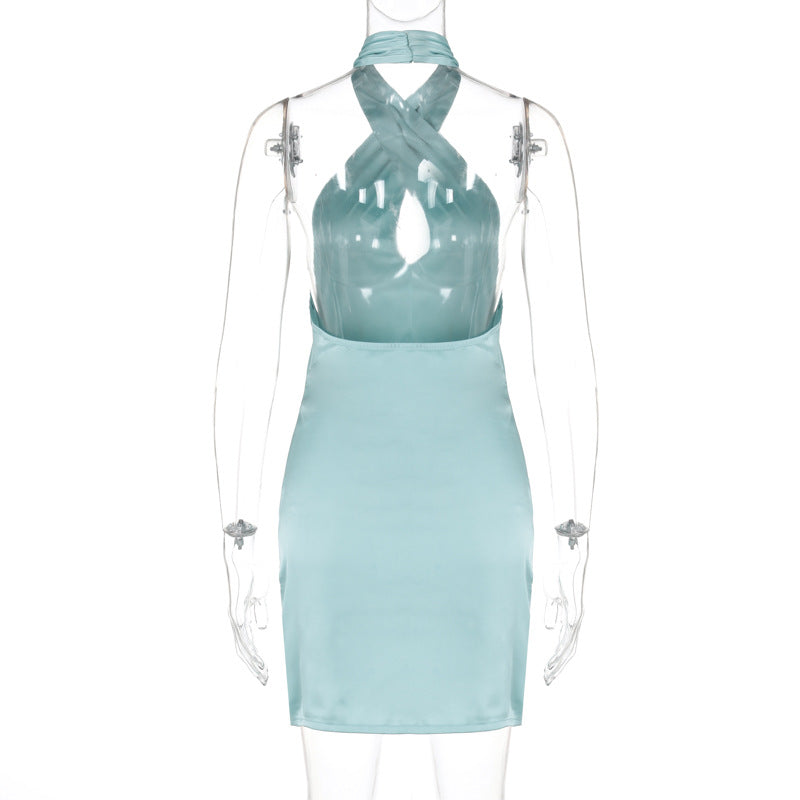Summer Solid Color Sleeveless Sexy Halter Neck Low Back Bodycon Dress 8