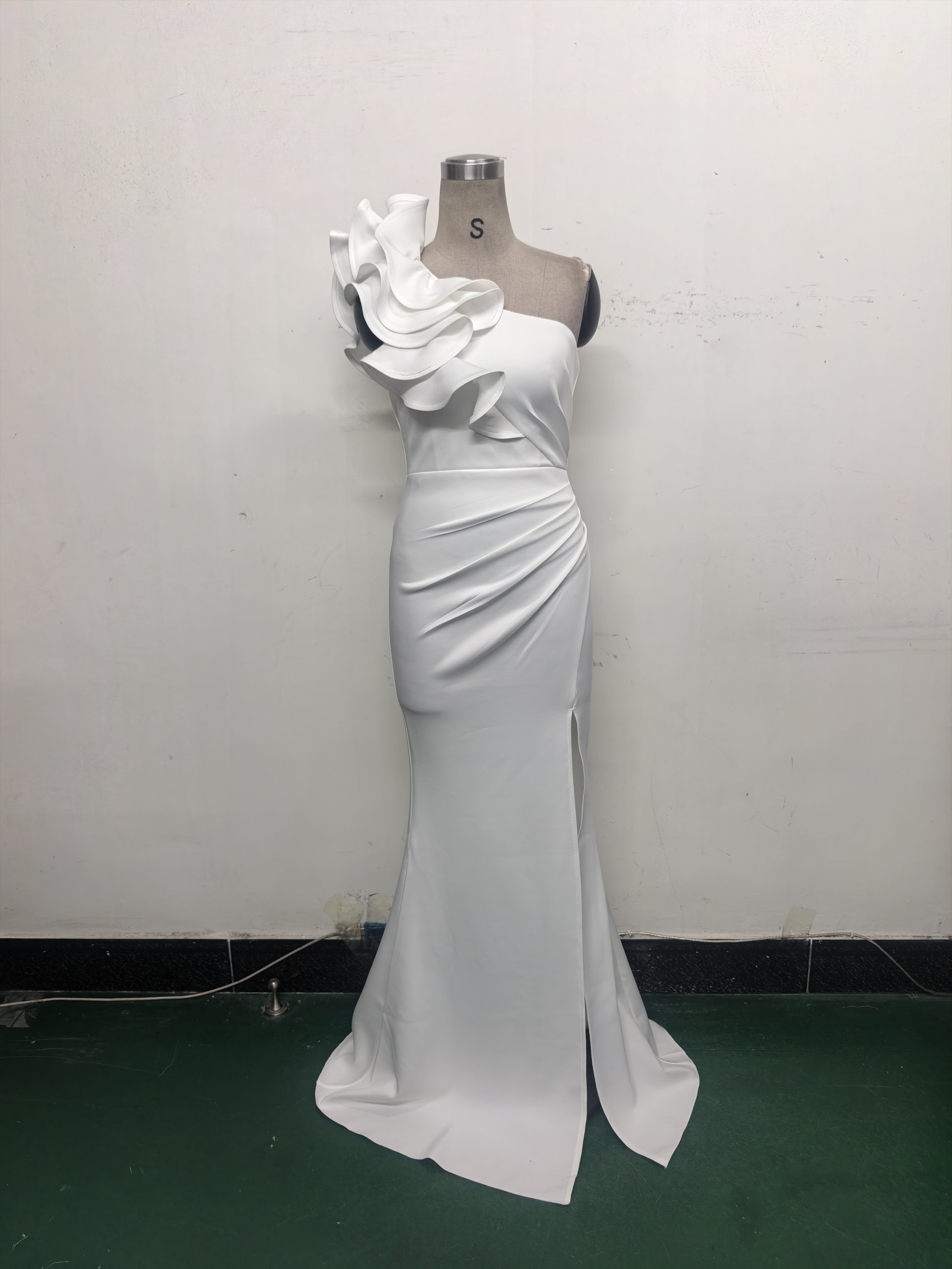 Women One-Shoulder Beaded Wool and Floral Satin Slit Sexy Evening Dress 29