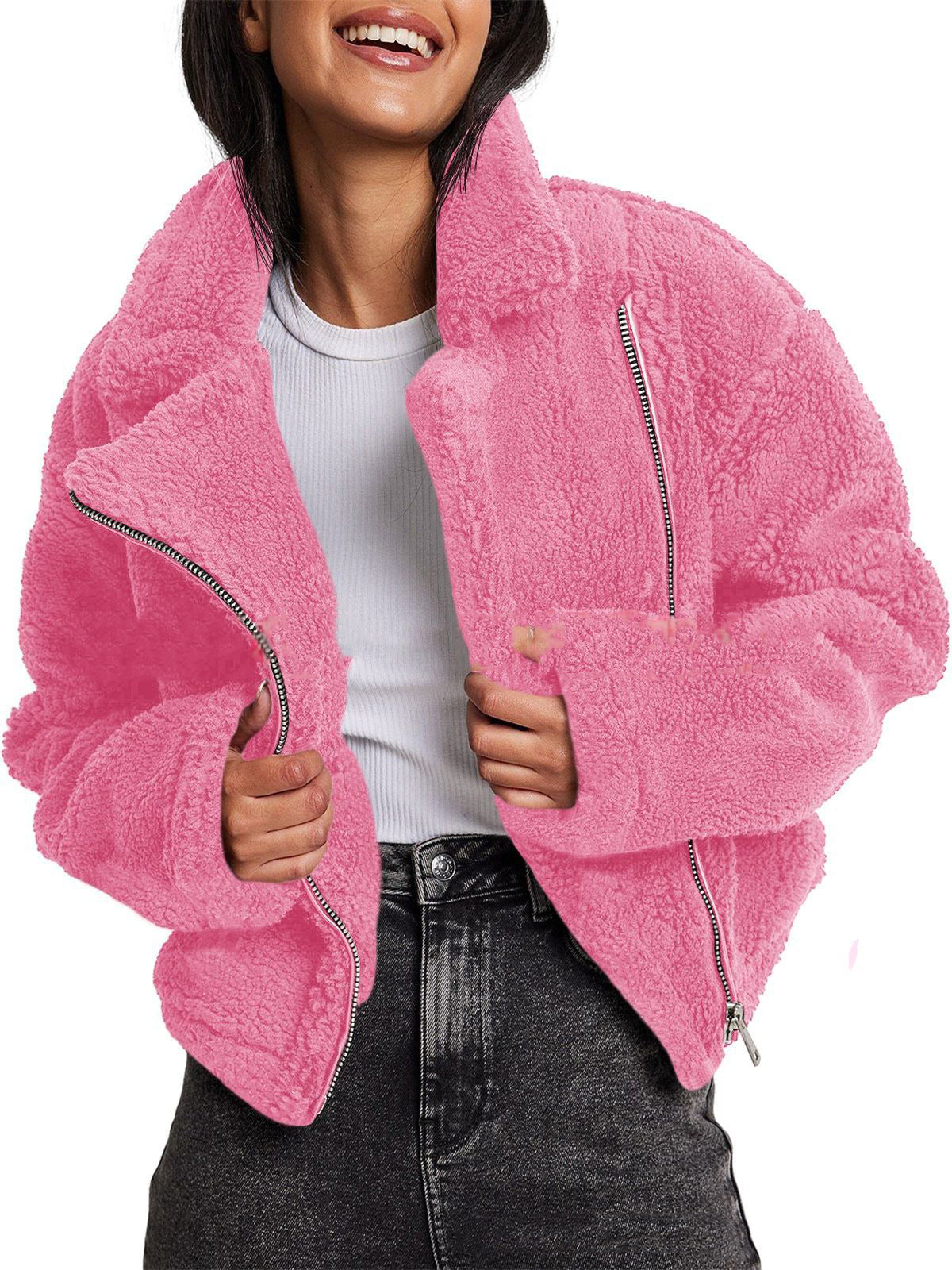 Solid color turndown collar fleece zipper trendy coat 4