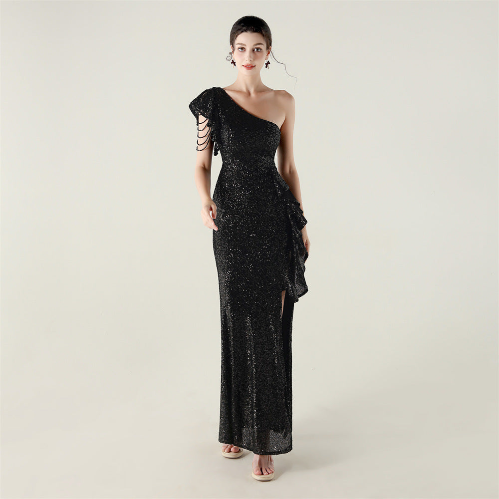 Women one-shoulder ruffled dangling beaded chain sequined Formal Party evening dress 14