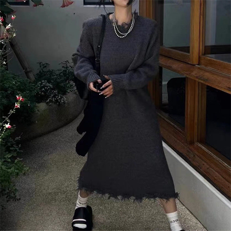 Long Ripped Raw Edge Knitting Dress Women's Autumn And Winter Loose Long Sleeve Basic Shirt 12
