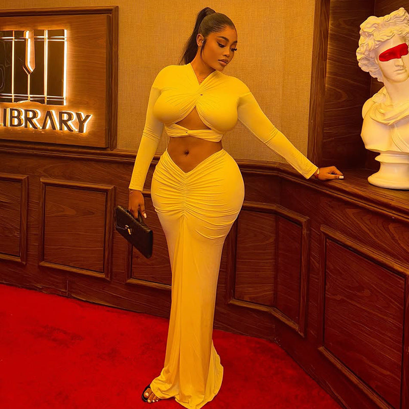 Women Hollow Crop Solid V-neck Top and Pleated Skirt Two-piece Set