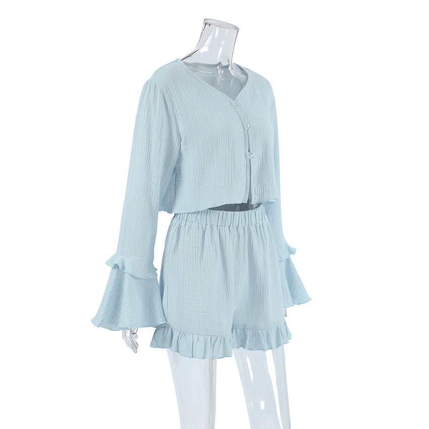 Women Lotus Edge Long-sleeved Top and Shorts Two-piece Set 8