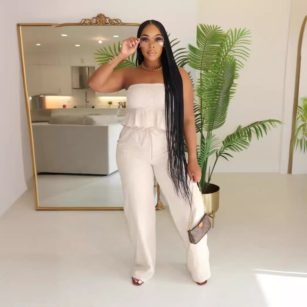 Sexy solid color strapless two piece pants set 4