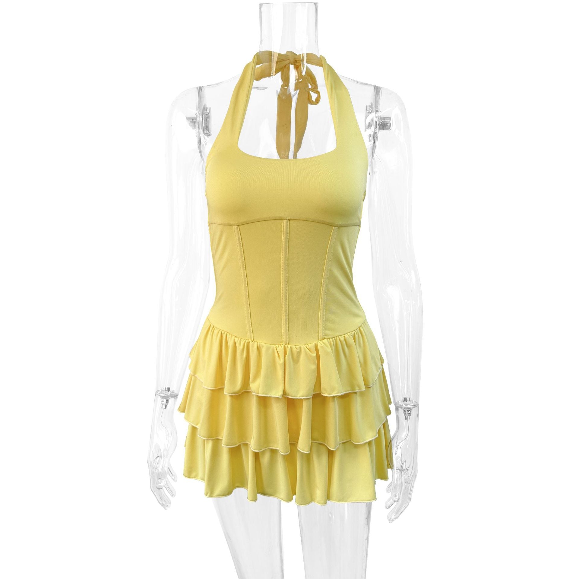 Women Summer Square-Neck Halter Neck Lace-Up Sexy Backless Solid Mini Dress 10