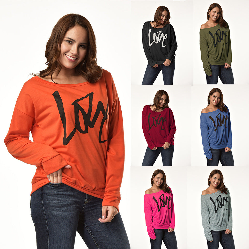 Love Letter Printed Long Sleeve T-Shirt Sexy Off-Shoulder Women's Top 8