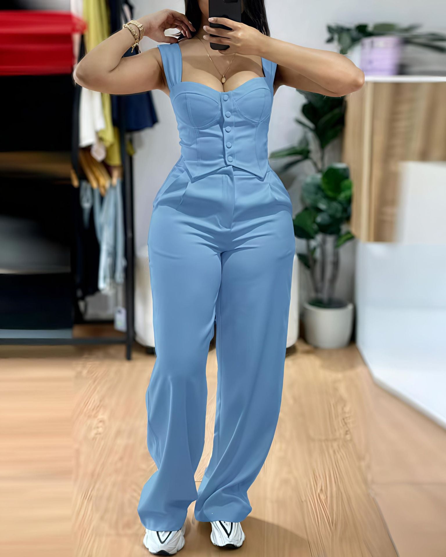 Spring Elegant Strap Short Tight-Fitting Vest Casual Wide-Leg Pants Set 5