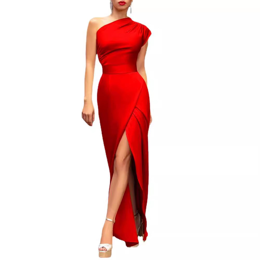 Women 's One Shoulder High Waist Front Slit Chic Dress 17