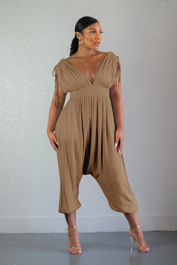 Women Casual Drawstring V Neck Wide Leg Jumpsuit 4