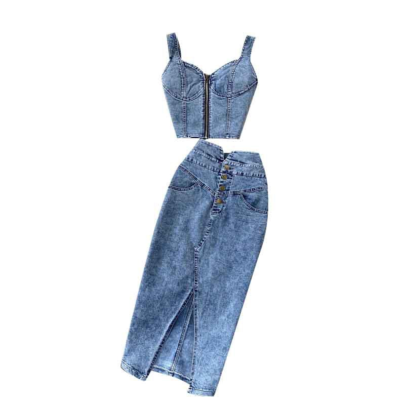Women Feminine Crop Top and Denim Skirt Two-piece Set 6