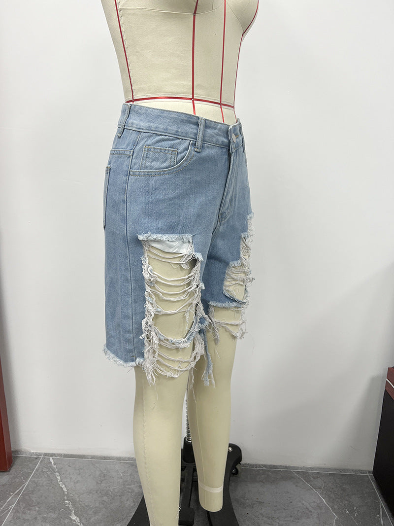 Summer Women's Denim Shorts Ripped Loose High Waist Knee-Length Shorts 20