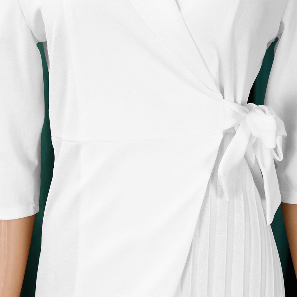 Plus Size Women's Fashion Turndown Collar Fashion Lace-Up Slim Waist Pleated African Dress 46