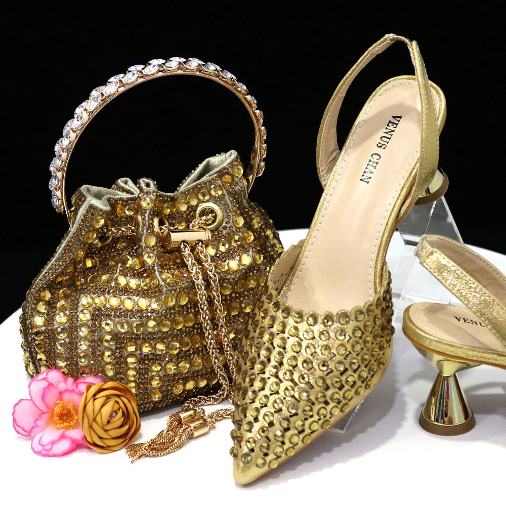 Colorful Rhinestone Bucket Handbag Paired With Pointed Toe Women's Medium Heel Shoes 15