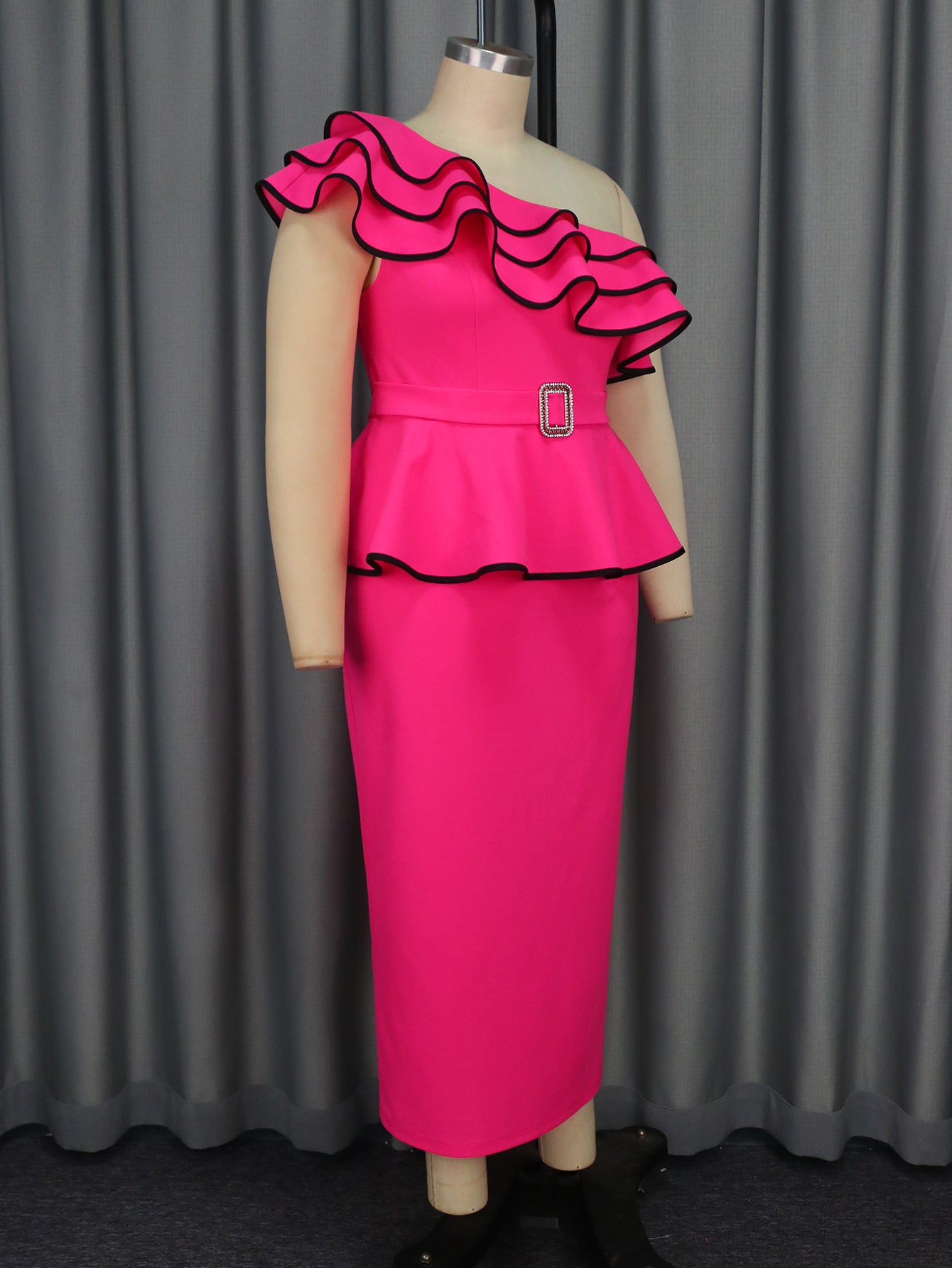 Fashionable Ruffle Slash Shoulder Sleeveless Peplum High Waist Party Dress 4