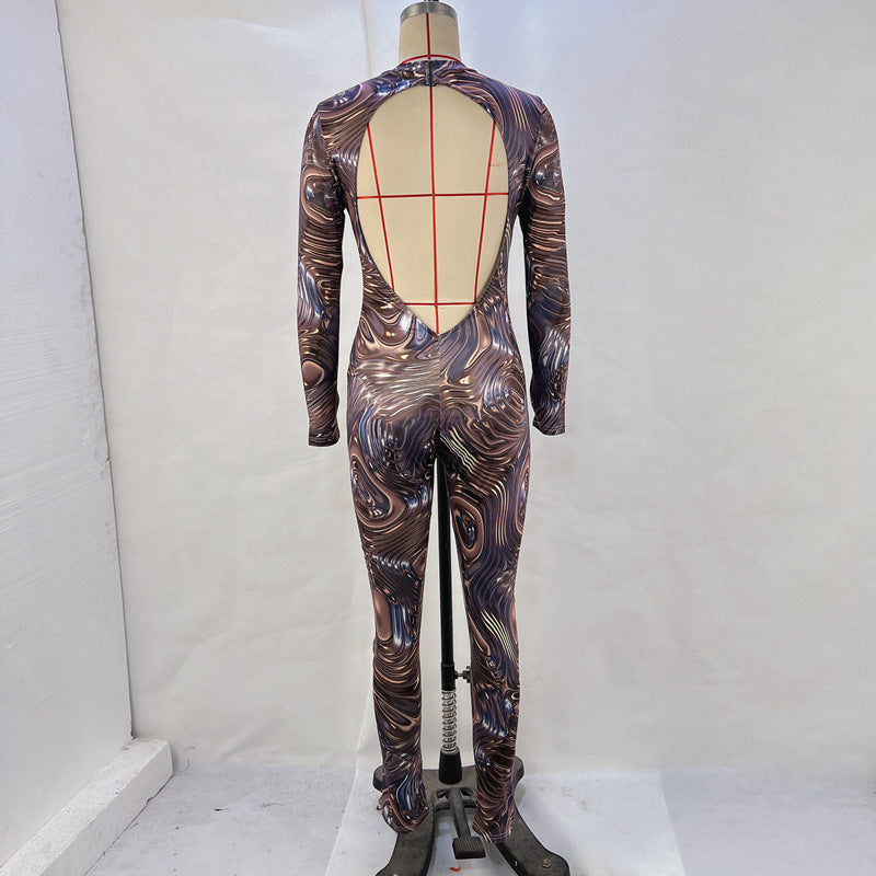 Women Hollow Long Sleeve Backless Printed Jumpsuit 17