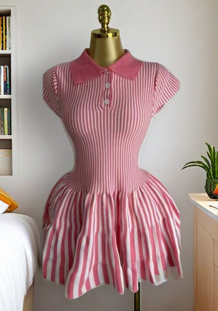 Color-Block Turn-Down Collar Striped A-Line Dress