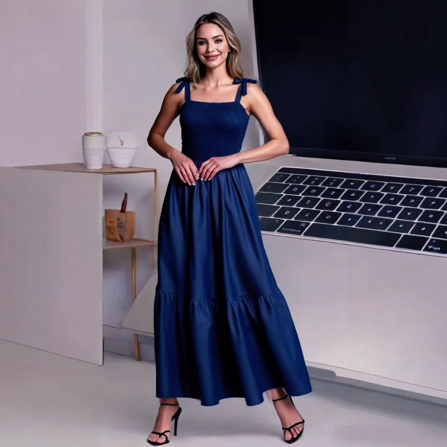 Women strapless off-the-shoulder lace-up denim dress 4