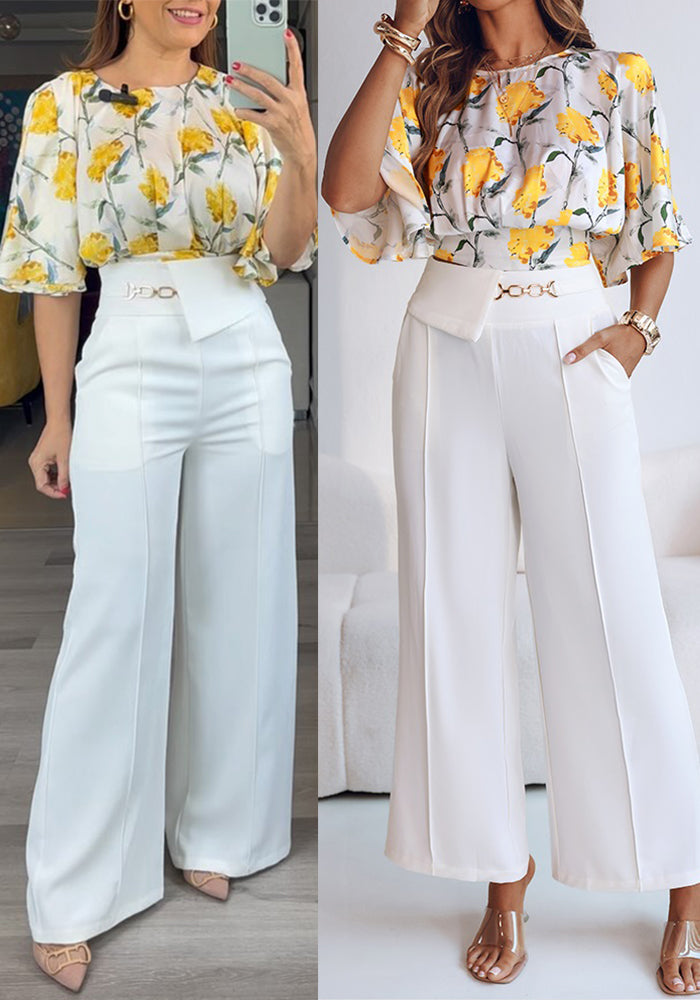 Women Yellow Floral Print Bell Bottom Sleeve Top and Pants Two-Piece Set