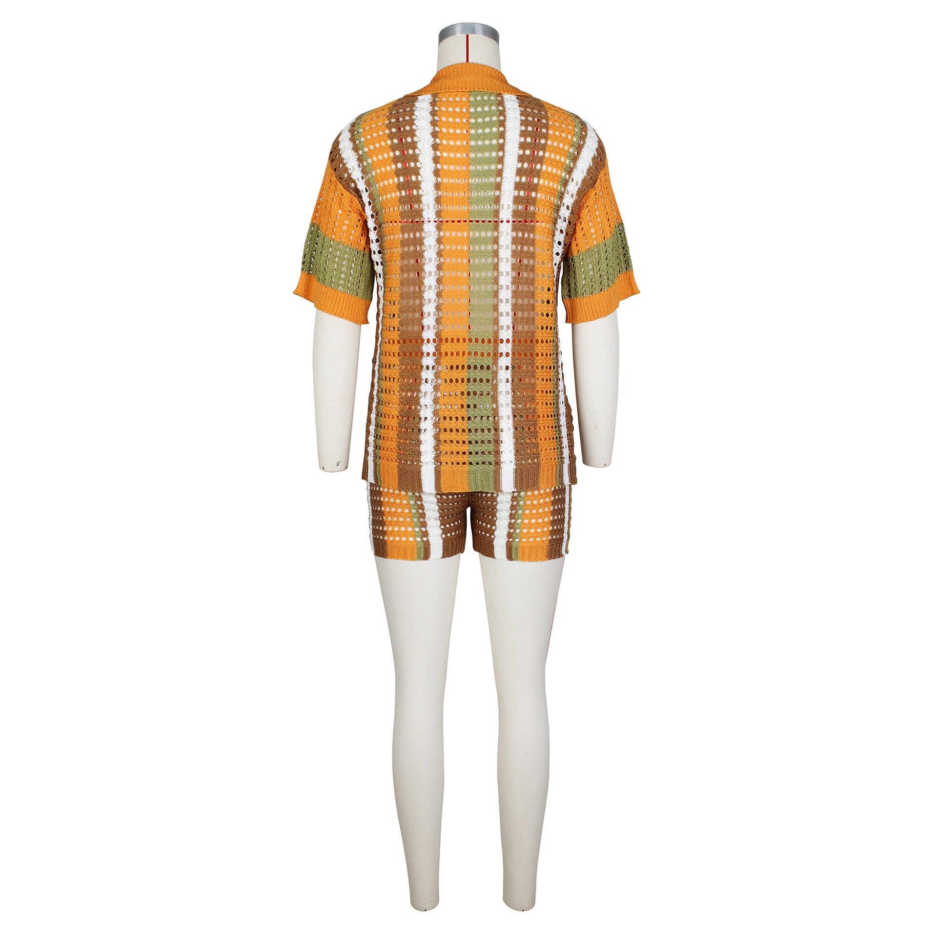 Women Sexy Cutout See-Through Contrasting Color Turndown Collar Top and Shorts Two-Piece Set 20