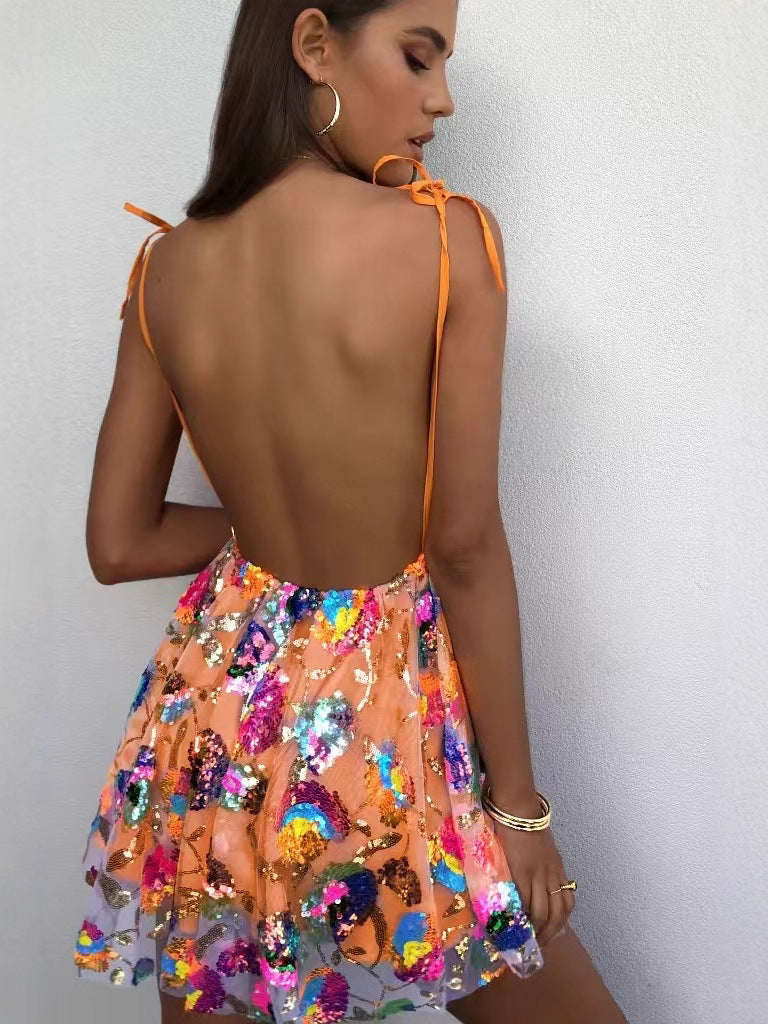 Women Sexy V-Neck Backless Backset Sequined Floral Lace-Up Puff Dress