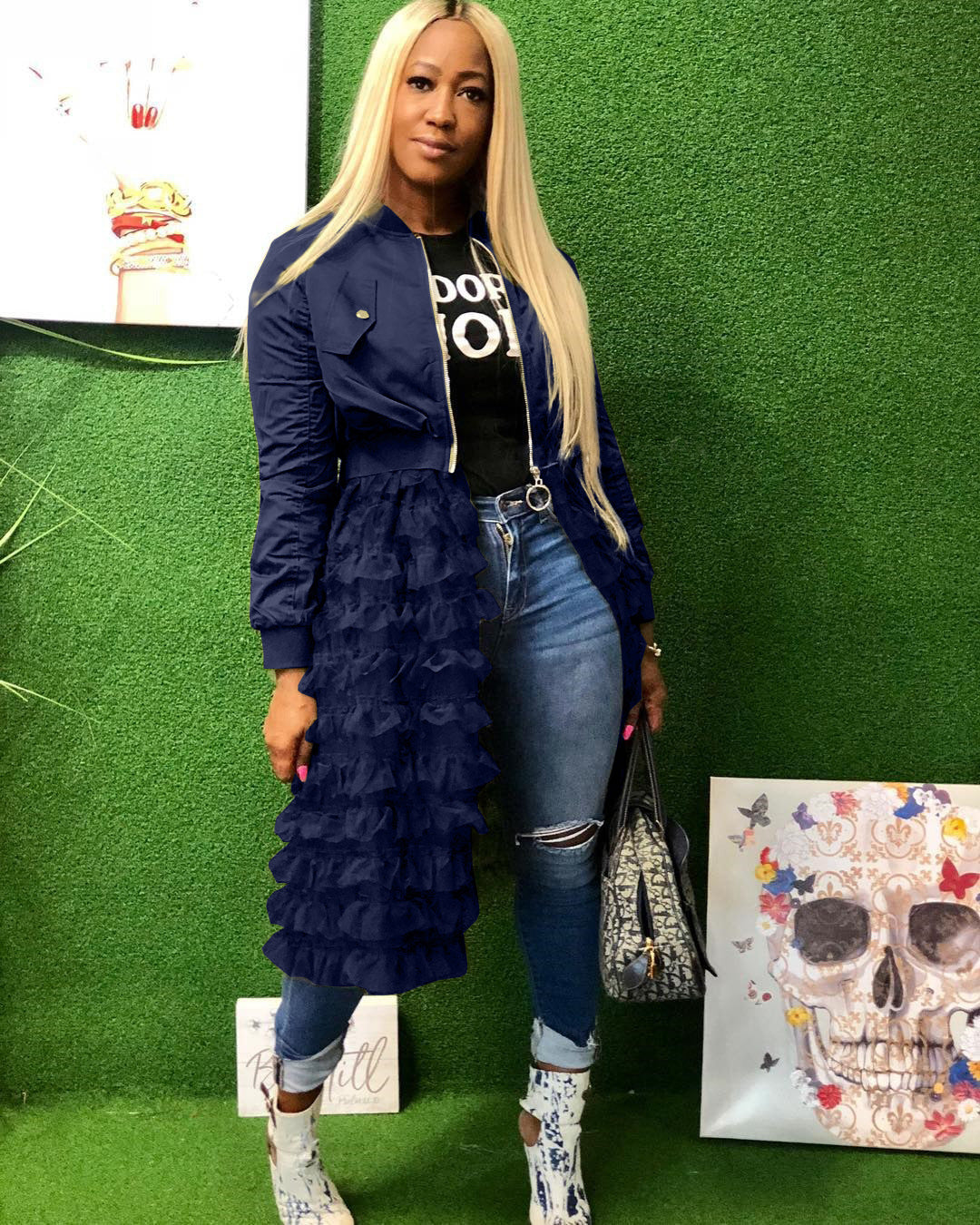 Fashionable Zipper Solid Color Mesh Lace Patchwork Jacket Coat 7