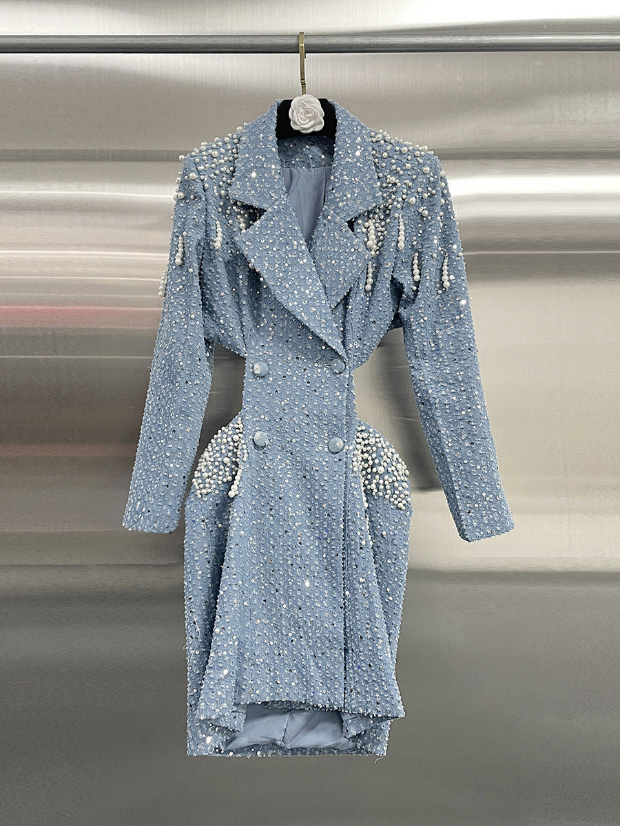 Women Sexy Open Waist Beaded Long Sleeve Blazer Dress 3