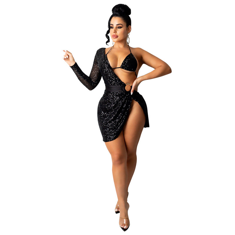 Skirt Summer Women's Sequin Bra Long Sleeve Low Back Dress Nightclub Two Piece Set 9