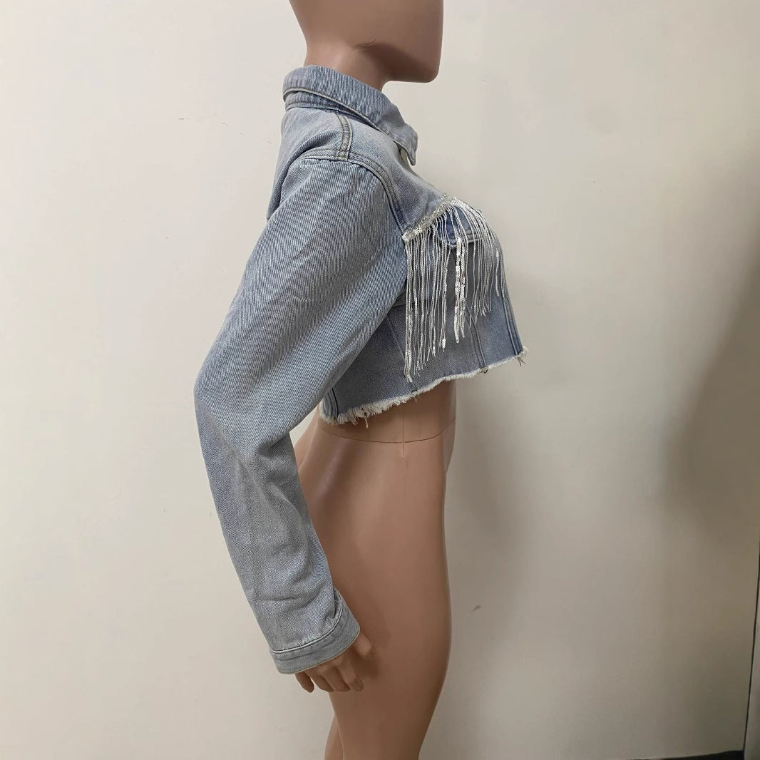 Women's Chain Tassels Decor Street Trend Denim Jacket 4