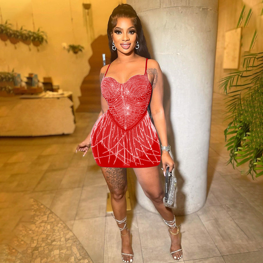 Fashionable Straps Beaded Tassel Bodycon A-Line Dress For Women 11