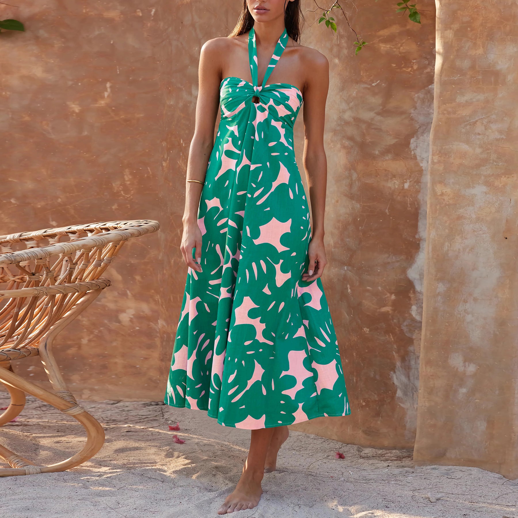 Women Summer Sexy Halter Neck Strapless Bohemian Print Long Dress 10