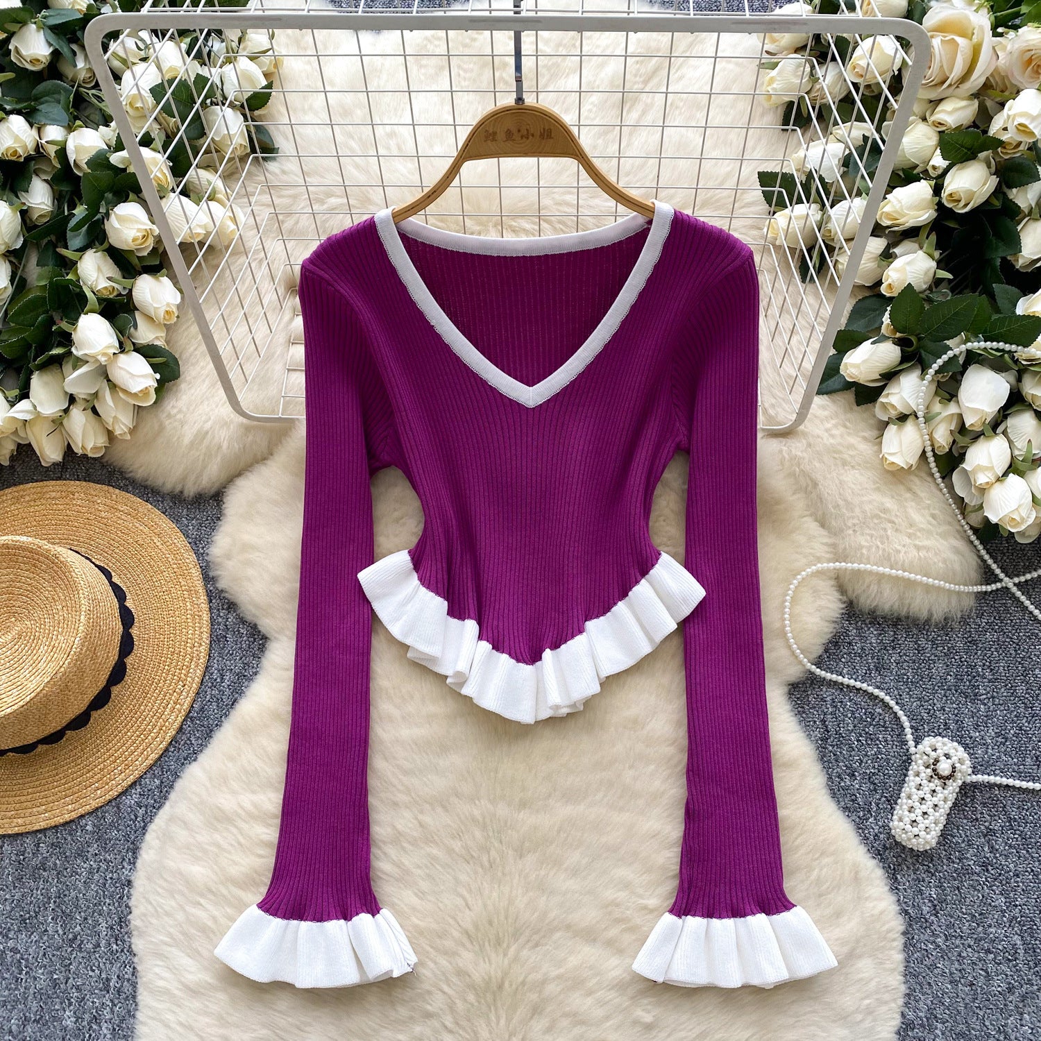 Women contrasting striped knitting autumn ruffled bell bottom sleeve top 13