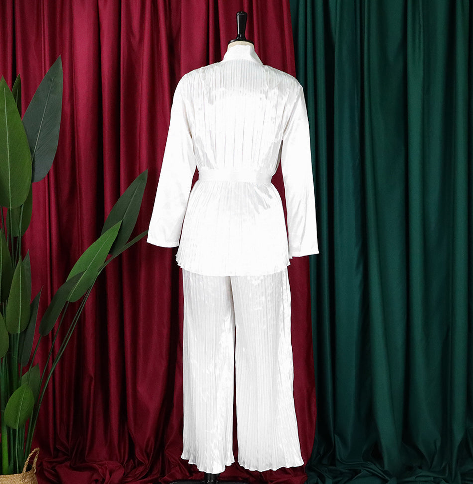 Women's Solid Color Pleated Loose Long Sleeve Lace-Up Shirt-Pants Two-Piece Set 23