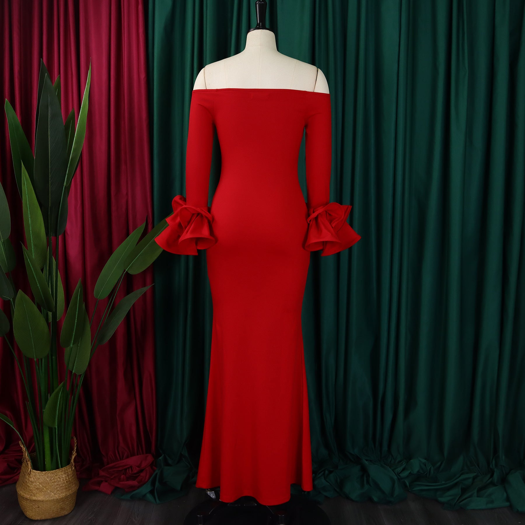 Fashionable And Elegant Off Shoulder Ruffle Sleeves Slit Formal Party Long Dress 19